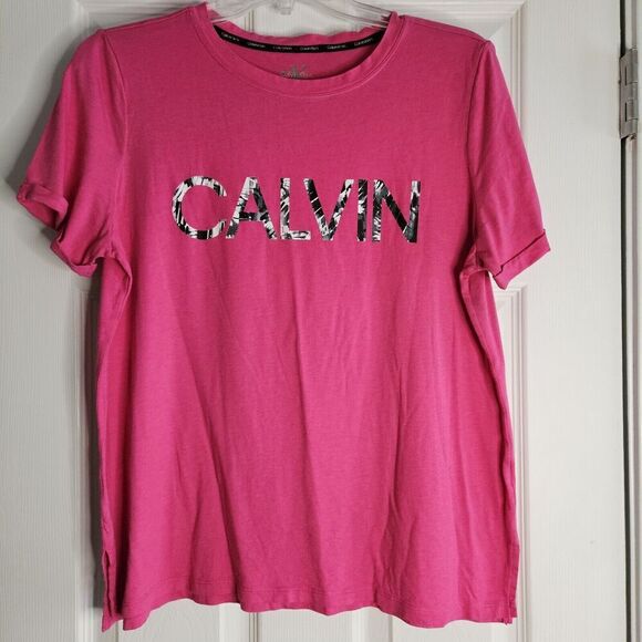 Calvin Klein T Shirt Cotton Pink Top Cuffed Short Sleeve Wild Blk Wht Logo Sz L - Picture 1 of 8